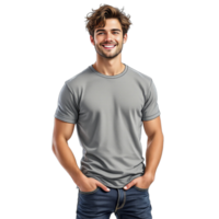 Man in grey t - shirt standing with hands in pockets png