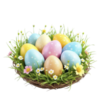 Easter eggs in a basket with grass and daisies png