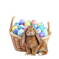 A brown rabbit sitting in a basket with a bunch of colorful eggs png