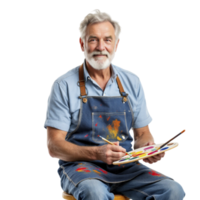 An older man with a beard and apron holding a paintbrush and palette png