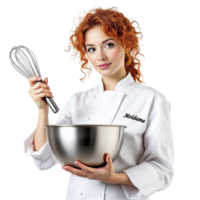 A woman in a chef's uniform holding a bowl and whisk png
