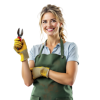 A woman in an apron holding a pair of scissors png