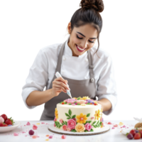 A woman in a chef's uniform is cutting a cake png