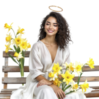 A woman in white sitting on a bench with daffodils png