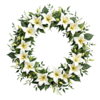 A wreath of white lilies is shown on a black background png