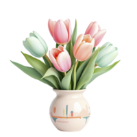 A vase with pink and green tulips in it png