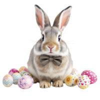 A rabbit with a bow tie sitting in front of a bunch of colorful eggs png
