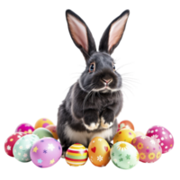 A black rabbit sitting in front of a pile of colorful eggs png
