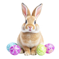 A brown rabbit with colorful eggs on a black background png