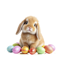 A cute little bunny sitting in front of a bunch of colorful eggs png
