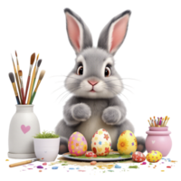 A bunny is sitting on a table with easter eggs and paint png