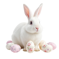 A white rabbit with pink eggs sitting in front of a black background png
