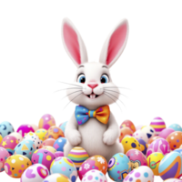 A white rabbit with a bow tie is surrounded by colorful eggs png