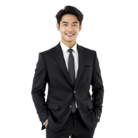 Asian man in black suit standing with hands in pockets png