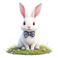 A white rabbit with a bow tie sitting in the grass png