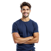 A man in a blue t - shirt smiling png
