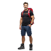 A man in a black shirt and shorts with a backpack png