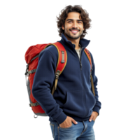 A man with a backpack standing with his hands on his hips png