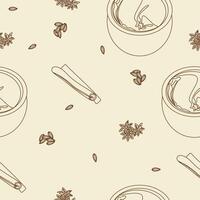 Editable Outline Style Vectorized Illustration Seamless Pattern of Indian Masala Chai in Pottery Cup with Assorted Herb Spices for Creating Background of South Asian Culture and Tradition Beverages vector