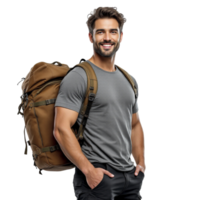 Portrait of a happy man with backpack isolated on black background png