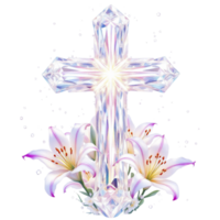 A cross with lilies and a diamond png