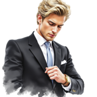 A man in a suit is looking at his watch png