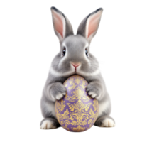 A small grey rabbit holding an egg with a purple and gold pattern png