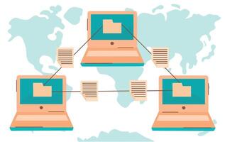 File documents transfer concept illustration with three laptops on map background vector