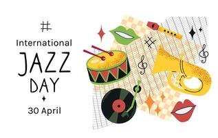 International Jazz Day 30 April card banner invitation poster with different music instruments vector