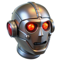 serene creative Metallic robot head with glowing red eyes and exposed circuitry authentic png