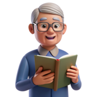 vibrant artistic Senior man with glasses reading a book, high resolution png