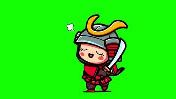 a kawaii cartoon samurai character with a sword, 2d looping animation video