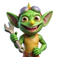 wonderful artistic A mischievous gremlin, holding a wrench, grinning expression, high resolution png