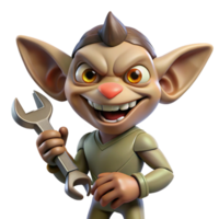 vibrant traditional A mischievous gremlin, holding a wrench, grinning expression, high resolution png