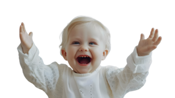 Joyful Baby in White Outfit with Arms Raised Expressing Happiness and Excitement for Greeting png