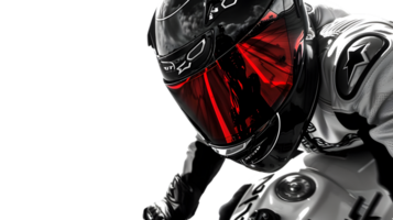 Motorcycle Racer in Action Dynamic Helmet and Suit with Red Visor Reflections png