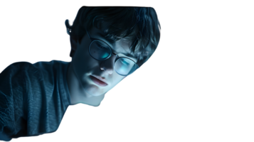 Youthful Individual in Deep Thought with Round Glasses and Casual Attire Illuminated by Soft B png
