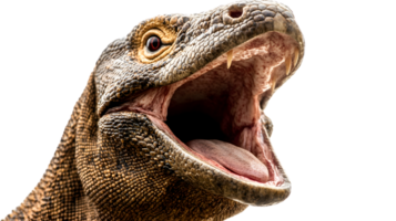 Closeup of a reptiles open mouth showing teeth and textured skin on a black background png
