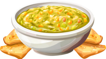 A bowl of creamy green dip with crunchy crackers png
