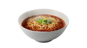A steaming bowl of noodles with rich broth garnished with fresh greens and condiments png