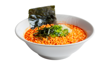 A steaming bowl of instant noodles with vibrant broth seaweed and green onions perfect for c png