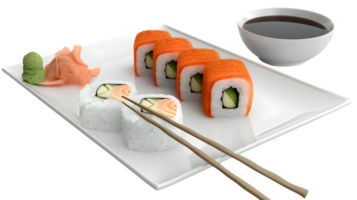 Delicious Sushi Platter with Soy Sauce and Chopsticks on a White Plate Perfect for Culinary png