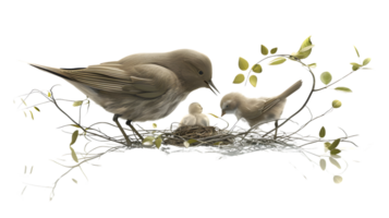 A tender moment of a bird family in their nest surrounded by delicate branches and leaves per png