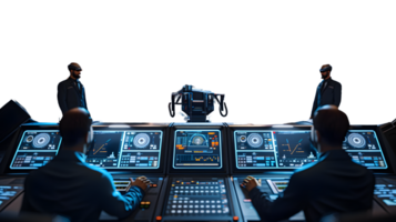 Advanced Control Room with Operators and Futuristic Technology Interfaces png