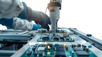 Automated Circuit Board Assembly with Robotic Arm and Technicians png