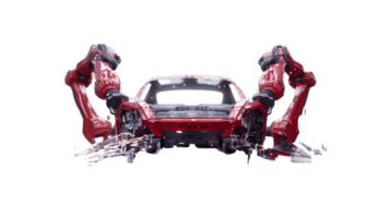 Automated Assembly Line Robotic Arms Welding Vehicle Frame in HighTech Manufacturing Process png