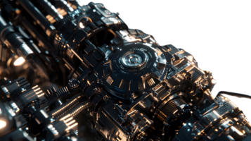 Closeup of intricate metallic mechanism complex gears and polished surfaces dark background png