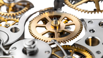 Closeup of intricate clockwork gears mechanism png