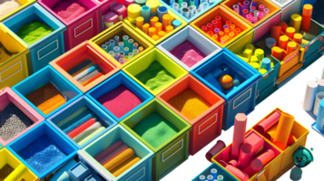 Colorful containers filled with various materials vibrant colored objects in boxes top view png