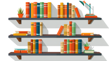 A vibrant bookshelf filled with colorful books plants and a desk lamp for study or library se png